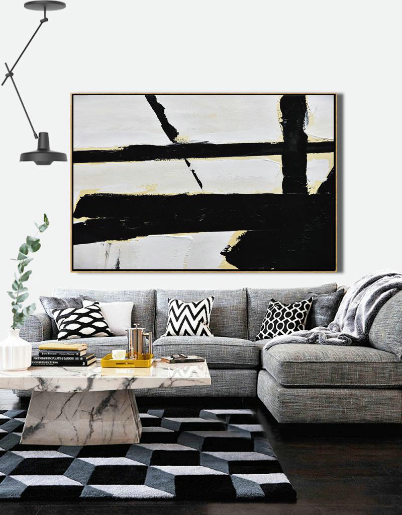Large Wall Art Home Decor,Horizontal Palette Knife Minimal Canvas Art Painting Black White Beige - Acrylic Painting Large Wall Art
